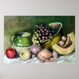 Herbst-Stillleben mit Früchten und Zwiebeln: Wandk Poster