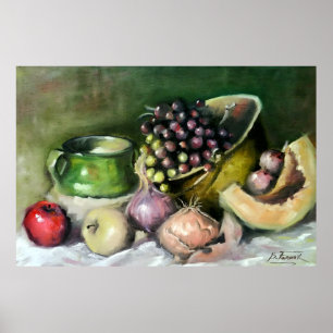 Herbst-Stillleben mit Früchten und Zwiebeln: Wandk Poster