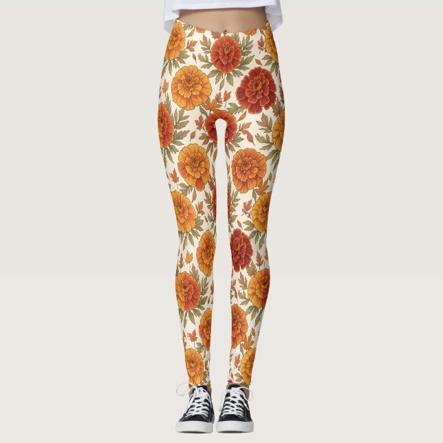 Herbst-Tagetes-Blumenmuster Leggings (Vorderseite)