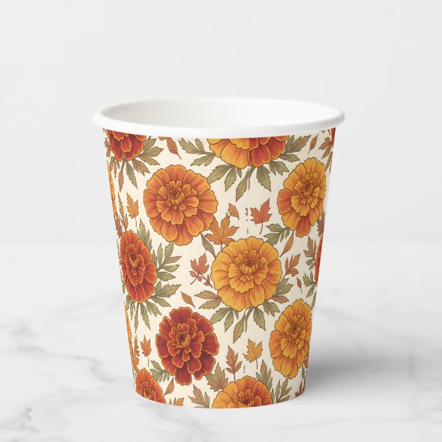 Herbst-Tagetes-Blumenmuster Pappbecher (Vorderseite)