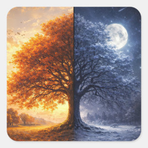 Herbst-Tagundnachtgleiche und Winter-Baum-Mond-Nac Quadratischer Aufkleber