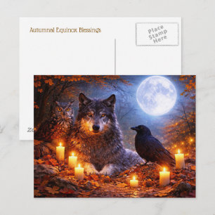 Herbst-Tagundnachtgleiche Wolf Eule Rabe Mond Postkarte