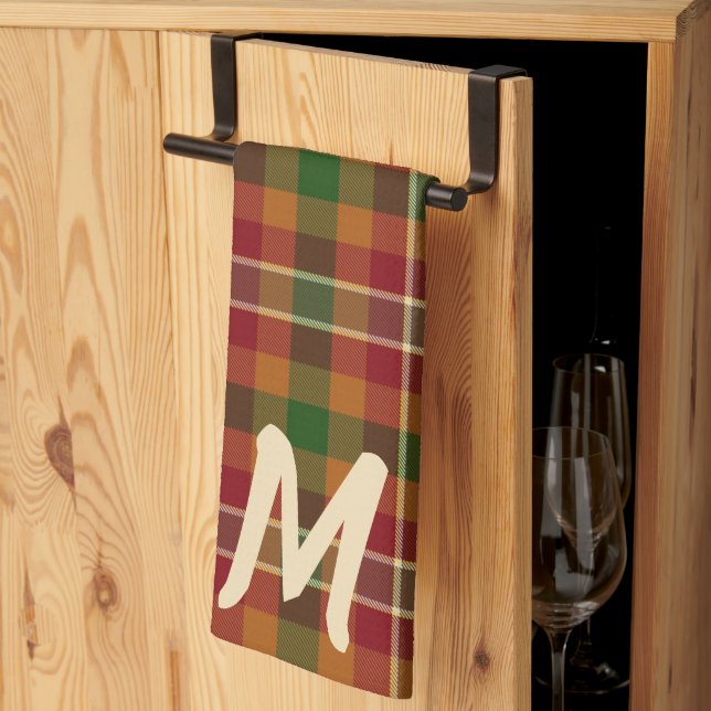 Herbst-Tartan-Karo-Monogramm Geschirrtuch (Drittel gefaltet)