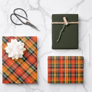Herbst-Tartan-Karode dunkles Waldgrün, Orange... Geschenkpapier Set