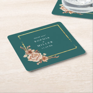 Herbst Teal Wasserfarbe Terrakotta Florale Hochzei Rechteckiger Pappuntersetzer