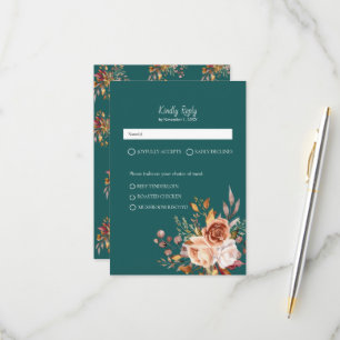 Herbst Teal Wasserfarbe Terrakotta Florale Hochzei RSVP Karte