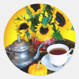 Herbst-Teeservice mit Sonnenblumen Runder Aufkleber
