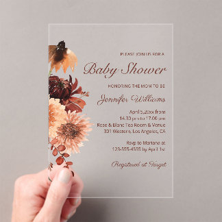 Herbst-Terrakotta-Rost-Blumen-Baby-Party Chic Acryleinladungen