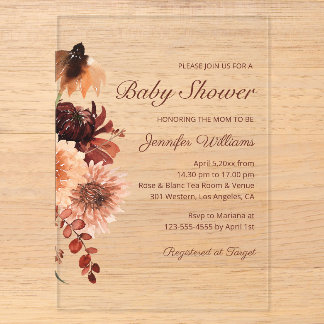 Herbst-Terrakotta-Rost-Blumen-Baby-Party Chic Acryleinladungen