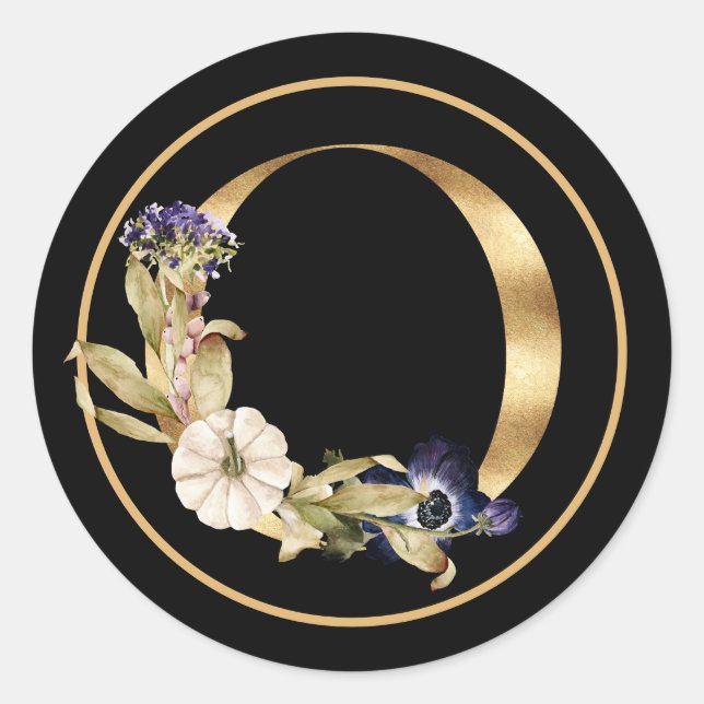 HERBST-THEMA GOLD-MONOGRAMM O MIT KÜRBISSEN   RUNDER AUFKLEBER (Vorderseite)