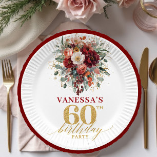 Herbst Tiefrotes Gold Blumen 60. Geburtstag Papier Pappteller