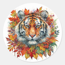 Herbst-Tiger-Gesicht unter Herbstlaub Runder Aufkleber