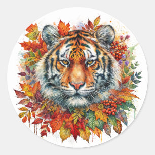 Herbst-Tiger-Gesicht unter Herbstlaub Runder Aufkleber