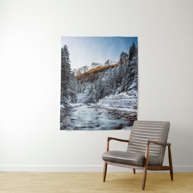 Herbst und Winter Fluss, Wald und Berge Wandteppich (Beispiel)