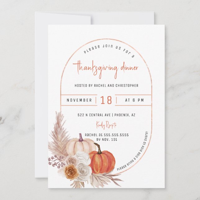 Herbst verlässt Boho Arc Pumpkin Erntedank Dinner Einladung (Vorderseite)