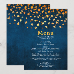 Herbst verlässt Gold und Navy Blue Wedding Menükarte