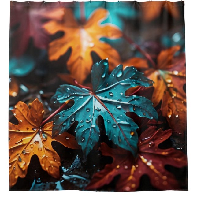 "Herbst verlässt Symphony: Raindrops on Fall Folia Duschvorhang (Vorderseite)