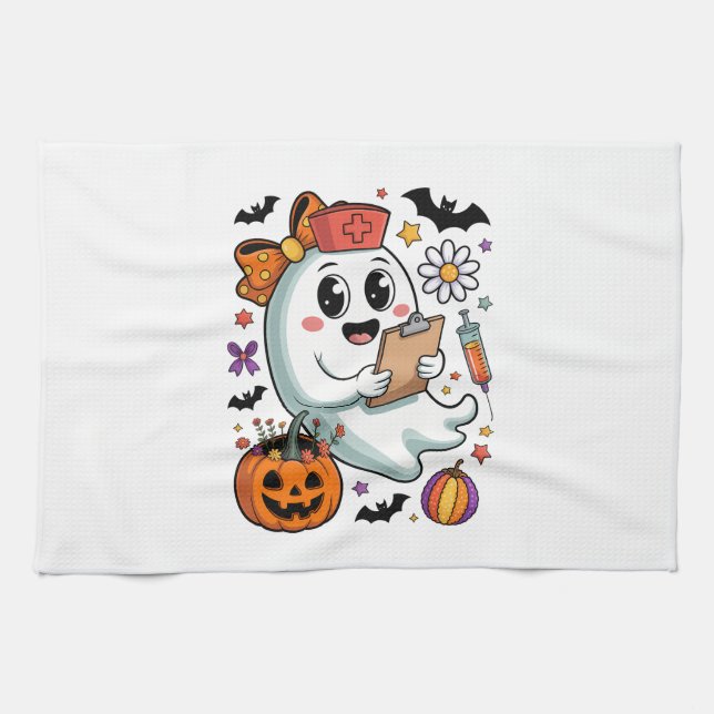 Herbst Vibes Ghost Nurse Herbst Geschirrtuch (Horizontal)