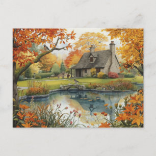 Herbst Vogel Natur Haus Postkarte Aquarell