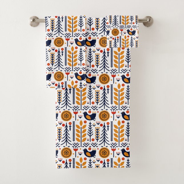 Herbst-Vogel-Volkskunst-Muster Badhandtuch Set (Insitu)