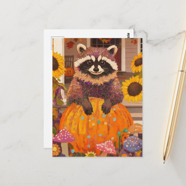 Herbst-Waschbär Postkarte (Vorderseite/Rückseite Beispiel)