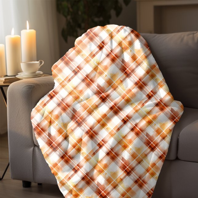Herbst Wasserfarbe Orange Karomuster Fleecedecke (Fall Autumn Watercolor Orange Plaid Pattern Fleece Blanket)