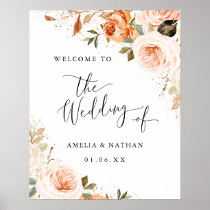 Herbst Wasserfarben-Blumen Willkommen Hochzeit Poster