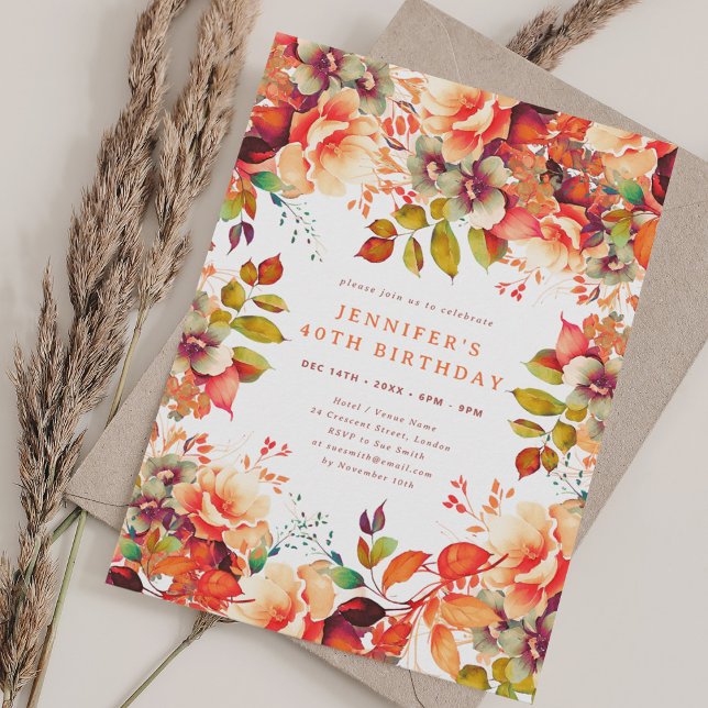 Herbst Wasserfarbenflora 40. Geburtstag Einladung (Fall Autumn Watercolor Floral 40th Birthday Invitation)