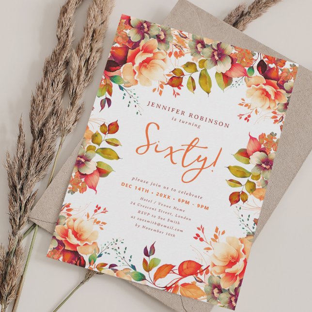 Herbst Wasserfarbenflora 60. Geburtstag Einladung (Fall Autumn Watercolor Floral 60th Birthday Invitation)