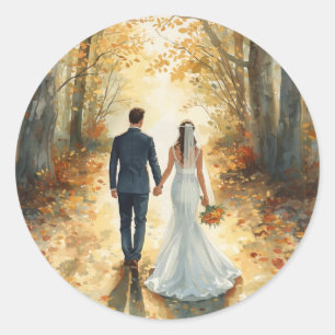 Herbst-Watercolor-Braut & Bräutigam-Gemalte Hochze Runder Aufkleber