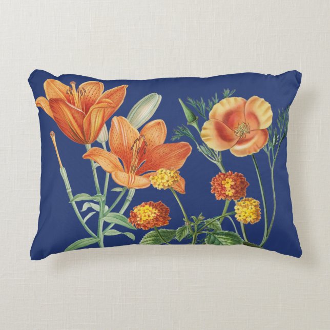 Herbst Watercolor Orange Floral Blau Dekokissen (Vorderseite)