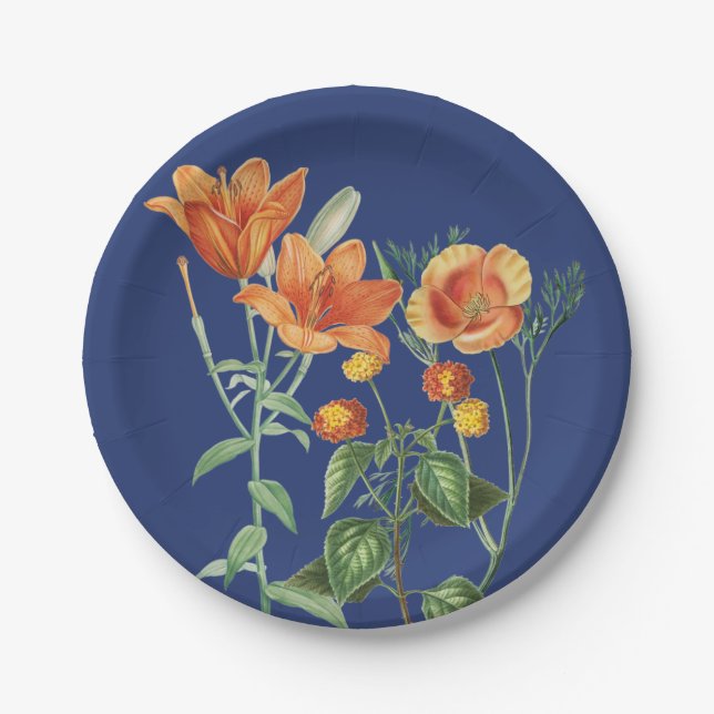 Herbst Watercolor Orange Floral Blau Pappteller (Vorderseite)