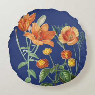 Herbst Watercolor Orange Floral Blau Rundes Kissen