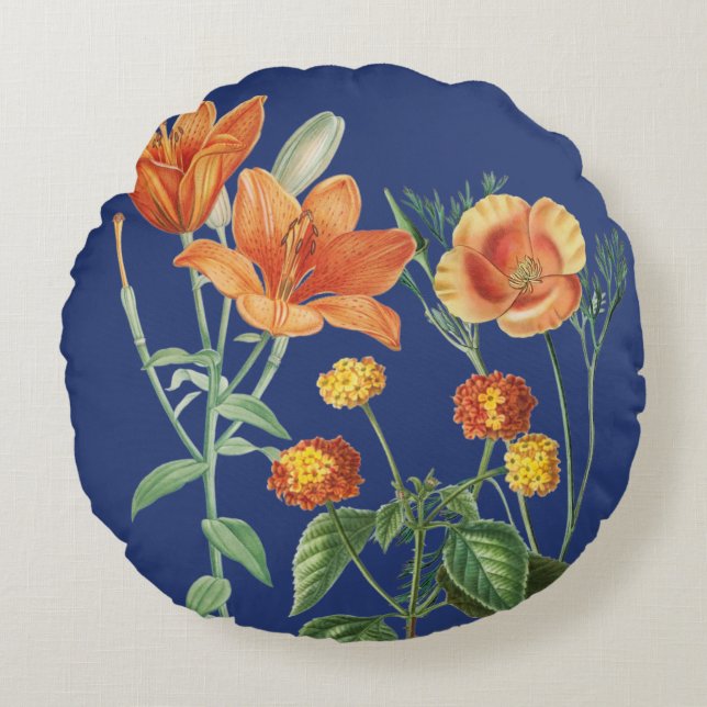 Herbst Watercolor Orange Floral Blau Rundes Kissen (Vorderseite)