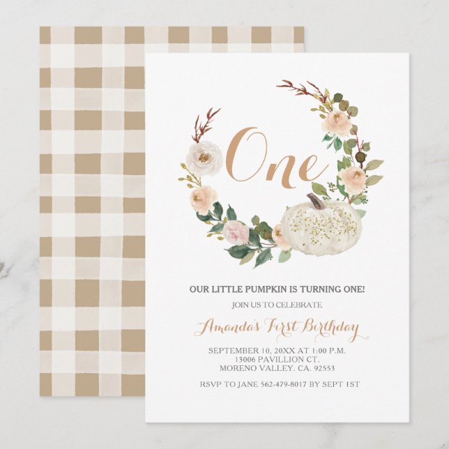 Herbst Weißer Glitzer Pumpkin Geburtstag Einladung (Vorne/Hinten)