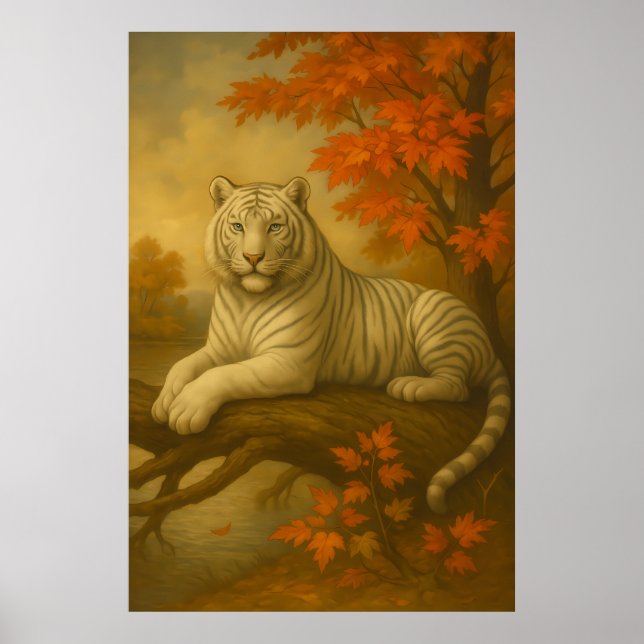 Herbst Weißer Tiger – Fine Art Leinwand Poster (Vorne)