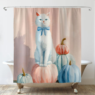 Herbst Weißkatze mit Pumpkins Duschvorhang