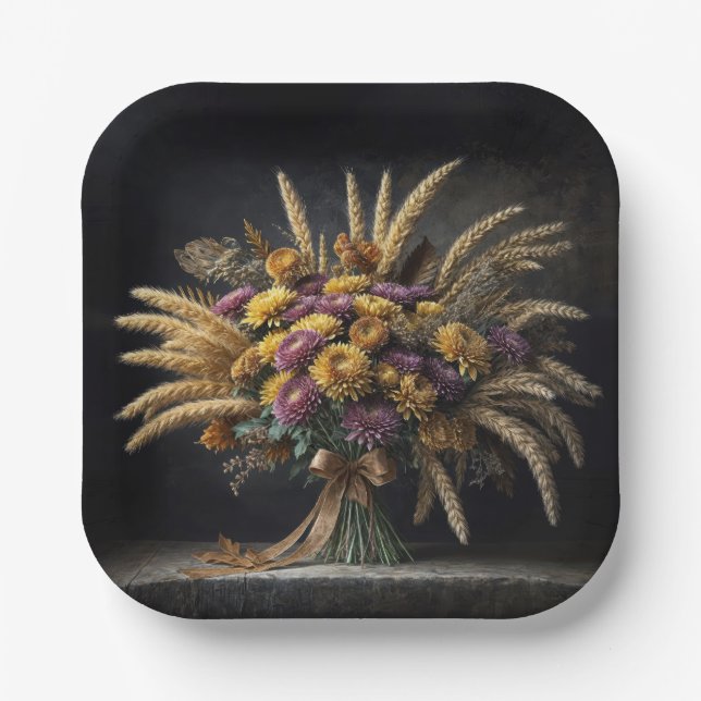 Herbst Weizenhalme und Mum Bouquet Pappteller (Vorderseite)