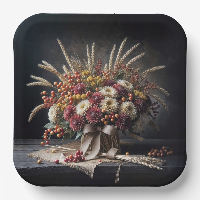 Herbst Weizenhalme und Mum Bouquet Pappteller (Vorderseite)
