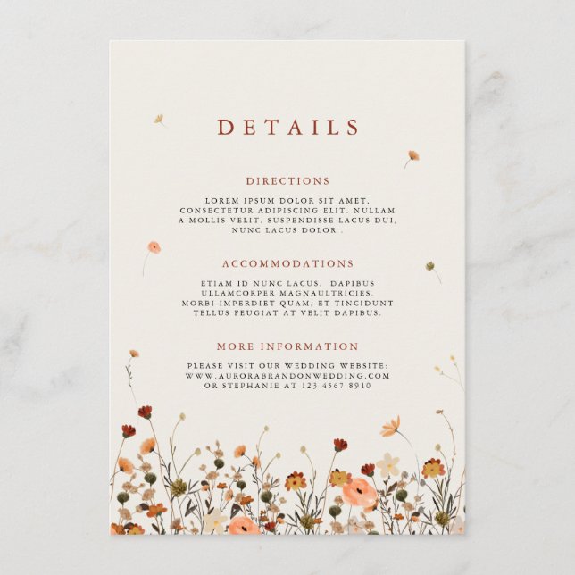 Herbst Wildblume Garden Floral Boho Hochzeitdetail Begleitkarte (Vorderseite)