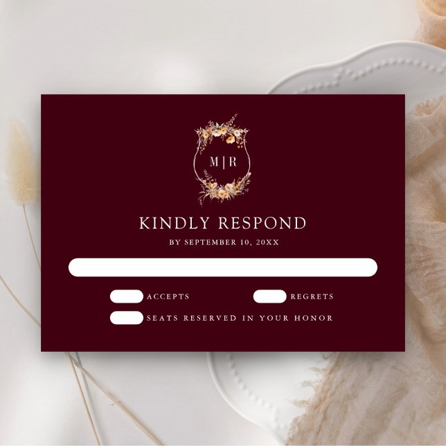 Herbst Wildblume Wappen Burgund Hochzeit RSVP Karte (Von Creator hochgeladen)
