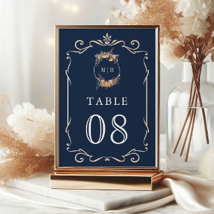 Herbst Wildblume Wappen Navy Blue Hochzeit Tischnummer