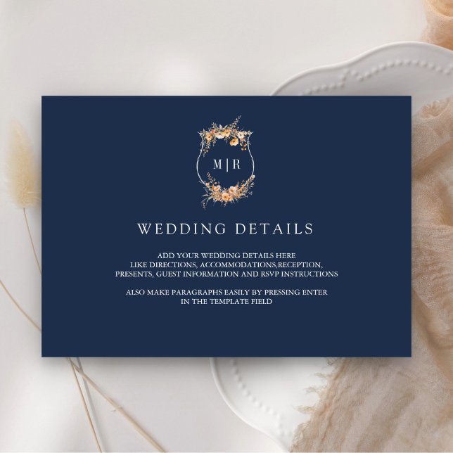 Herbst Wildblume Wappen Navy Blue Wedding Details Begleitkarte (Von Creator hochgeladen)