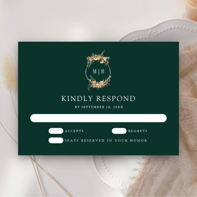 Herbst Wildblume Wappen Smaragdgrüne Hochzeit RSVP Karte (Von Creator hochgeladen)