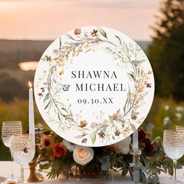 Herbst Wildblume Wreath Wasserfarbenhochzeit Runder Aufkleber (Von Creator hochgeladen)
