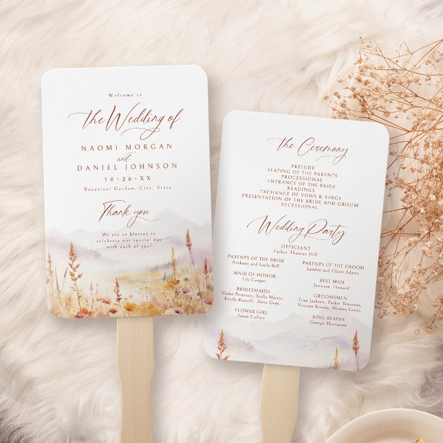 Herbst-Wildblumen-Berg-Rustikale-Hochzeitsprogramm Fächer (Fall Wildflower Mountain Rustic Wedding Programs Hand Fan)