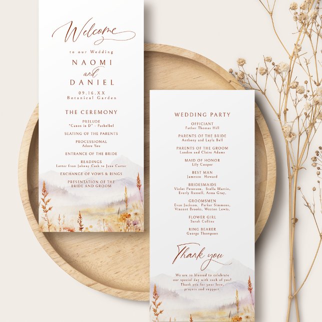 Herbst-Wildblumen-Berg-Rustikale-Hochzeitsprogramm Menükarte (Fall Wildflower Mountain Rustic Wedding Programs)