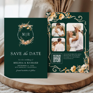 Herbst-Wildblumen-Wappen-QR-Code Smaragd-Hochzeit Save The Date