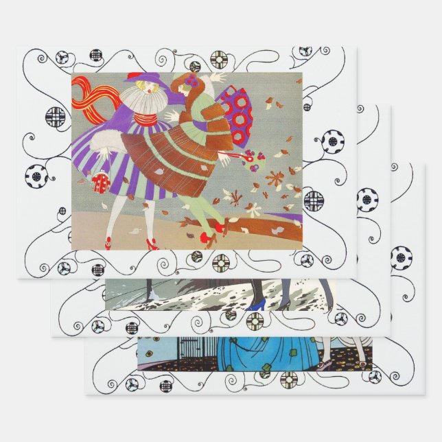 Herbst, Winter Frühling Art Deco Frauen Schönheit  Geschenkpapier Set (Set)