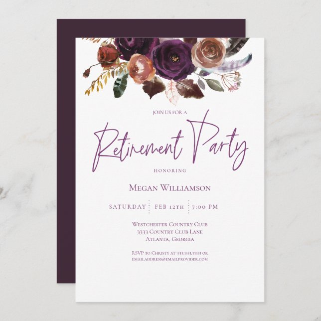 Herbst Winter Lila, Rosa und Gold Rente Party Einladung (Vorne/Hinten)